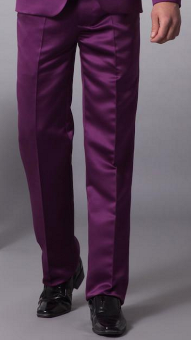 Well-fitting Purple Satin Single Breasted Button Tuxedo jacket pants ties vest